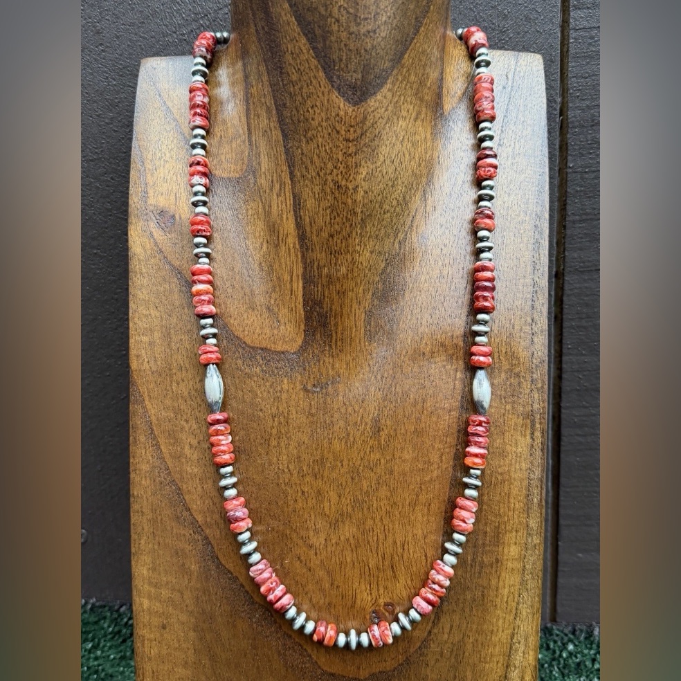 Sterling Silver Orange Red Spiny Oyster Multi Bead Pearls Necklace 24 Inch Gift